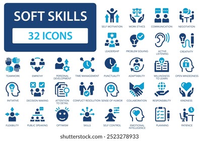 Soft kills icon set. Assertiveness, personality, creativity, empathy, communication, solving, personality.