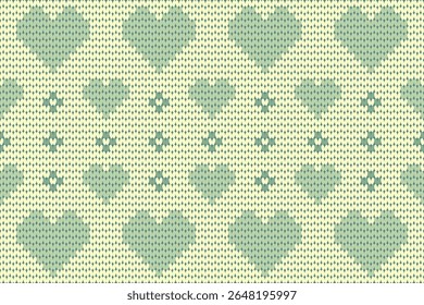 Soft knitted pattern in pastel green featuring repeating heart shapes and geometric details on a cream background. Ideal for baby clothes, cozy winter designs, and romantic or Nordic-style crafts.