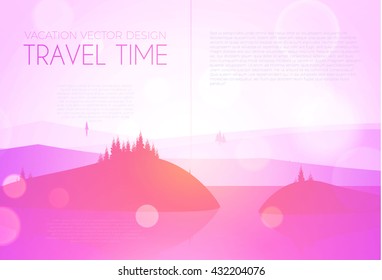 Soft Landscape. Lake and Mountains. Sunrise Design. Vector illustration