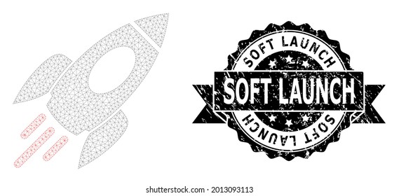 Soft Launch corroded seal print and vector space rocket mesh model. Black seal has Soft Launch caption inside ribbon and rosette. Abstract 2d mesh space rocket, designed with flat mesh.