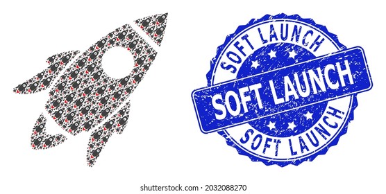 Soft Launch textured round seal print and vector fractal collage space rocket. Blue stamp seal has Soft Launch caption inside round shape.