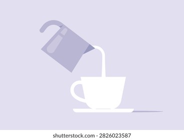 Soft lavender hues create a serene atmosphere as a skilled barista pours velvety milk gracefully into a pristine white cup, enhancing the coffee experience with artistry and precision.