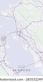 Soft lavender-toned map of Alameda County and San Francisco Bay, United States, showcasing coastal shorelines, bridges, dense road networks, and geographic coordinates.