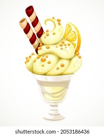 Soft lemon ice cream with lemon wedge and waffle rolls and topping in a bowl isolated on a white background 