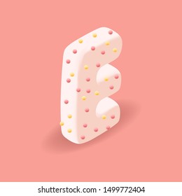 Soft letter E with sweet confetti. 3D sweet alphabet for invitation card. Isometric vector typeface