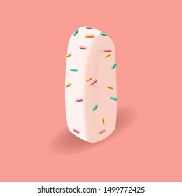 Soft letter I with sweet confetti. 3D sweet alphabet for invitation card. Isometric vector typeface