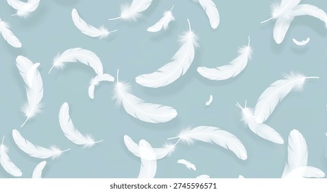 Soft light blue background; delicate white feathers; floating gently