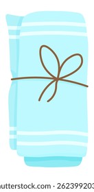 Soft light blue towel folded and tied with brown string, isolated on a white background, creating a clean and simple image perfect for hygiene, spa, and relaxation concepts