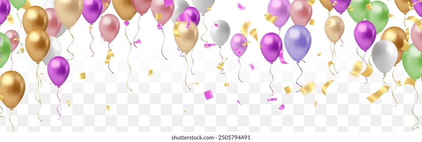 Soft light Colorful balloons popped on a white background 3D multi colored balloon vector illustration design with colorful confetti for party celebration