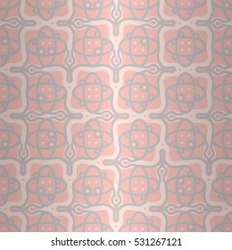 Soft light pink fancy seamless pattern background in savage tribe style. Flat tessellated repeatable backdrop. Colored, symmetric design for packing-paper, wallpaper, textile or other purpose.