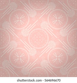 Soft light pink geometric seamless pattern in eastern style. Intricate puzzle repeatable backdrop. Vector background. Hieroglyph translation: Chinese New Year of the Rooster 2017