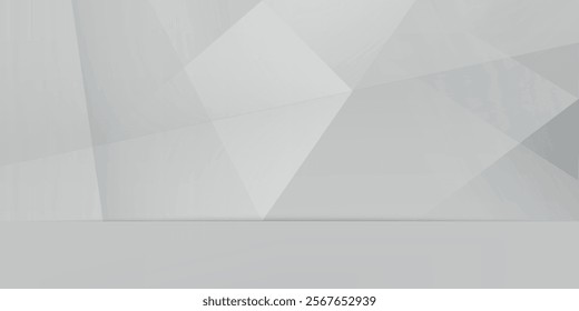 Soft light white abstract stage in elegant futuristic geometric style with simple lines and corners, polygons as background with white wood shelf for