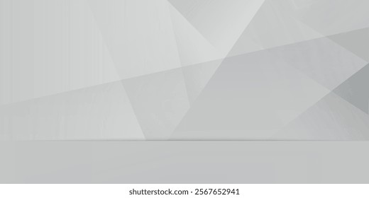 Soft light white abstract stage in elegant futuristic geometric style with simple lines and corners, polygons as background with white wood shelf for