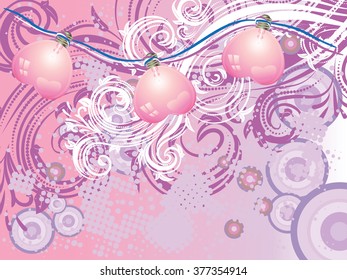 Soft lovely background with floral ornament and pink light bulbs in a shape of a heart.