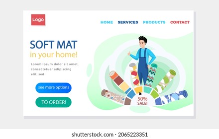 Soft mat in your home landing page template. Online store with textile rolls, rugs or mats scroll. Interior decor, carpet, rolled soft floor covering, wrapping. Web page for ordering carpets