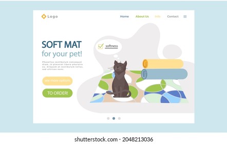 Soft mat for your pet landing page template. Cute cat sitting on oval striped bright rug. Funny cartoon character at home. Taking care of animals arrangement of place in an apartment for pet