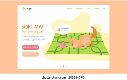 Soft mat for your pet landing page template. Cute cat sitting on oval striped bright rug. Funny cartoon character at home. Taking care of animals arrangement of place in an apartment for pet