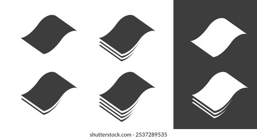 Weiches Material Schichten Symbol Vektor einfaches Piktogramm Grafik-Set, schwarz weiß doppelt dreifache gewellte Papierblätter Stapel Stumpf aus Papier Servietten oder Stoff Stoffmischung, 4 Schicht Weichheit Oberfläche Zeichen Bild