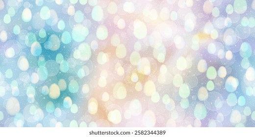 Soft mauve and blue Easter gradient seamless bg with overlay eggs bokeh. Festive abstract background in pastel colors with noise texture. Seasonal shine wallpaper