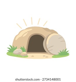 Ilustração macia e significativa do Túmulo Vazio com uma caverna de pedra aberta com a rocha enrolada e raios de luz brilhantes, simbolizando a Ressurreição de Jesus Cristo. Ideal para gráficos de Páscoa, materiais de adoração cristã, conteúdo de estudo da Bíblia, apresentações da igreja, aulas de escola dominical, obras de arte espirituais, sites religiosos, cartazes inspiradores e projetos de mídia social baseados na fé. Estilo de vetor plano limpo adequado para uso impresso e digital.