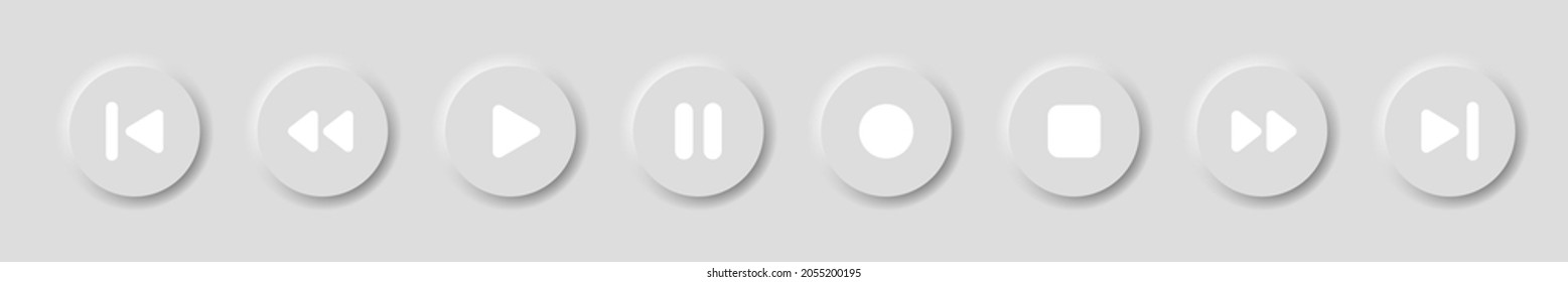 Soft media player buttons set in neomorphism design style with shadow. 3d video audio media player button collection for navigation in apps. Neomorphic trendy designs element isolated on white background