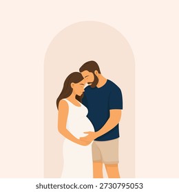 Uma ilustração suave e mínima de um casal que espera compartilhar um momento íntimo, segurando suavemente uma barriga grávida, simbolizando amor, apoio, antecipação e a alegria da paternidade.