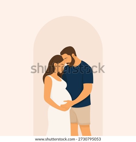 A soft, minimal illustration of an expecting couple sharing an intimate moment, gently holding a pregnant belly, symbolizing love, support, anticipation, and the joy of parenthood.
