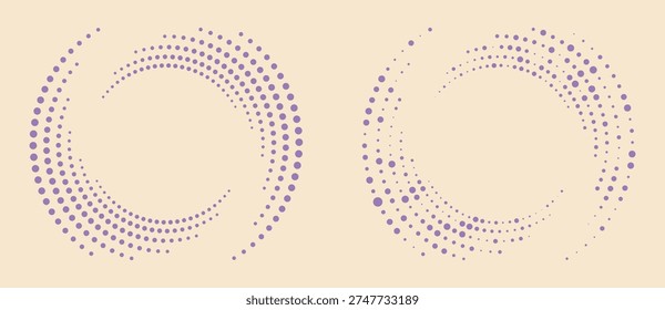 Soft minimal purple halftone spiral on beige. Abstract vector vortex for wellness, yoga and psychology. Zen-inspired dots for cosmetics branding, meditation and emotional calm lifestyle.