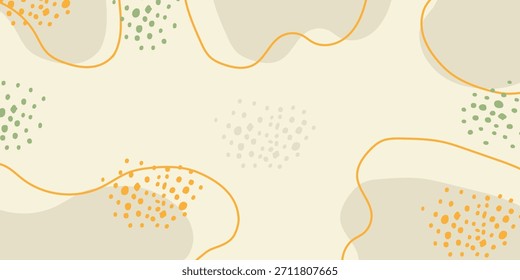 Ein weicher, minimalistischer abstrakter Hintergrund mit organischen, gewellten Linien, amorphen Formen und verstreuten Clustern kleiner Punkte in Grün, Orange und Grau auf heller Cremebasis.