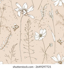 Soft minimalist seamless floral pattern in line art style. Featuring wildflowers, herbs, and bees on nude beige background. Ideal for eco-friendly projects, wrapping paper, and textile prints.