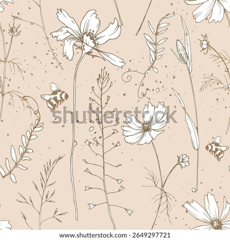 Soft minimalist seamless floral pattern in line art style. Featuring wildflowers, herbs, and bees on nude beige background. Ideal for eco-friendly projects, wrapping paper, and textile prints.