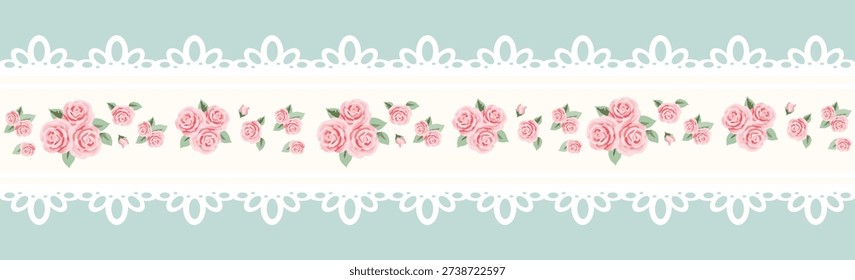 Soft Mint Floral Lace Trim Border Pattern for Calm Nursery Decor and Coastal Cottage Textiles