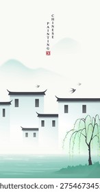 Soft mist blankets traditional Chinese village. Whispering willow branches sway gently. Rooflines echo ancient tranquil grace. Birds drift upward, undisturbed. Water reflects distant, hushed hills