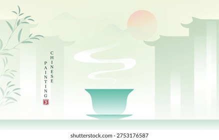 Soft mist curls above a jade tea bowl. Ancient pagoda silhouettes rise behind. Calm sunrise glows faintly in the sky. Bamboo leaves sway gently to the left. Peaceful moment invites quiet reflection