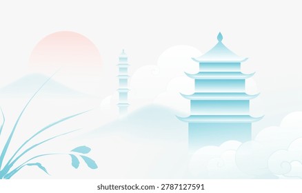 Soft mist wraps ancient pagodas, serene and glowing. Pink sun peeks through hazy peaks, gentle and warm. Silent hills stretch behind, quiet and peaceful. Delicate reeds sway softly in the breeze