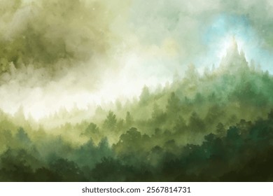 Soft misty forest, tranquil landscape, watercolor style, serene nature scene, atmospheric background, calming colors.