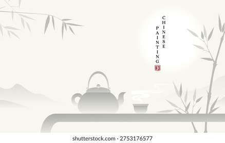 Soft misty landscape frames a traditional teapot. Bamboo branches lean gracefully against a pale sky. Cup rests beside the teapot, ready for warmth. Silent stillness evokes calm and quiet reflection