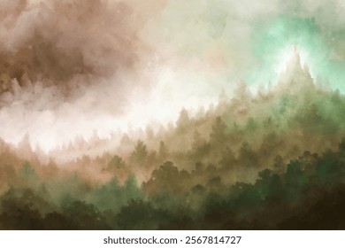 Soft misty landscape, serene forest scene, watercolor style, calming nature background, atmospheric green hues.