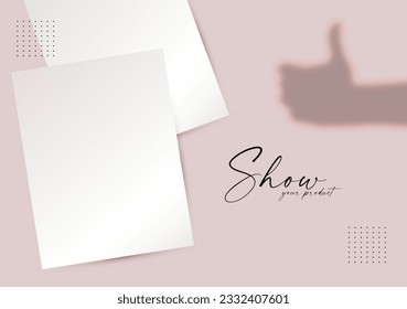 Soft Mock Up with A4 paper template and shadow human hand with showing gesture