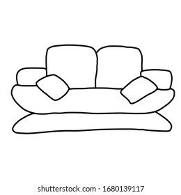 Soft modern sofa. Drawing in the Doodle style. Isolated on a white background. Vector illustration in lines. Comfortable and stylish daybed.  For design, decoration, web, coloring.