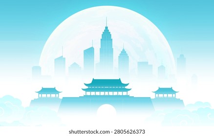 Soft moon glows over misty city skyline. Traditional gates frame modern towers below. Silent harmony between old and new. Ideal for cultural, futuristic, or dreamy themes