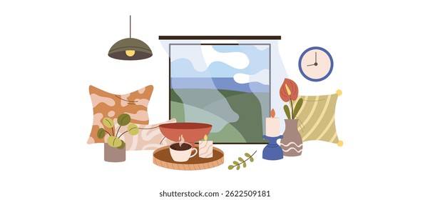Soft morning scene with window light, pillow, plant and book in cozy pastel tones.