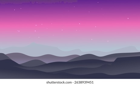 Soft mountain landscape with purple and pink sky and stars shining brightly