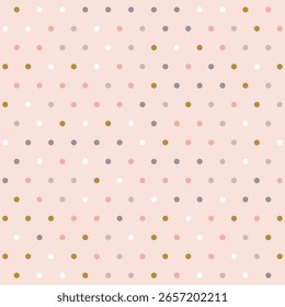 Soft multicolor polka dot pattern on light pink background. Seamless nursery design vector with pastel dots. Illustration for baby shower, wrapping paper, textile, wallpaper, and cute decoration.