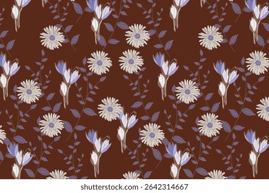Soft, muted retro florals with a bohemian edge, featuring warm tones and hand-drawn vintage elements for lifestyle branding