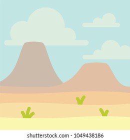 Soft nature landscape with blue sky, desert, volcanoes or mountains and some green grass. Empty space with nobody. Vector illustration in simple minimalistic flat style. Scene for your artwork, design
