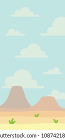 Soft nature landscape with blue sky, desert, volcanoes or mountains and some green grass. Vector illustration in simple minimalistic flat style. Scene for your artwork and design. Vertical composition