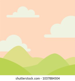 Soft nature landscape with sky, mountains and green hills. Rural scenery. Sunrise time. Vector illustration in simple minimalistic flat style. Scene for your artwork and design