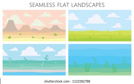 Soft nature landscapes. Desert with mountains, summer field, coast with some plants, underwater view with seaweed. Vector illustration of horizontal seamless landscapes. Simple minimalistic flat style