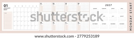 Soft Neutral 2027 Calendar Template. Monday Start Monthly Planner with To Do List, Large Grid and Clean Desk Layout.